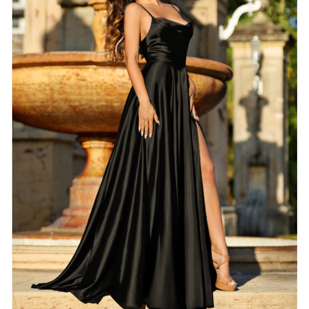 SATIN BLACK PROM GOWN